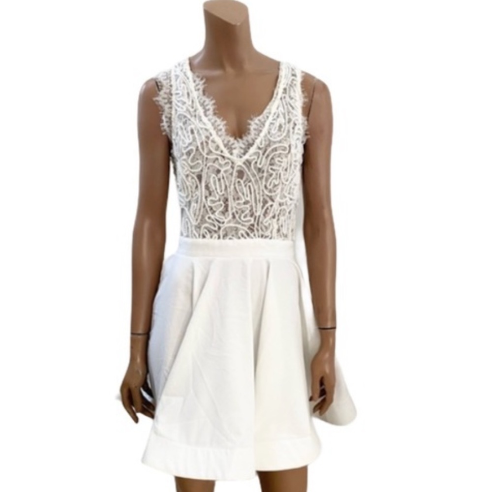 Luxxel White Lace V-Neck Skater Mini Dress